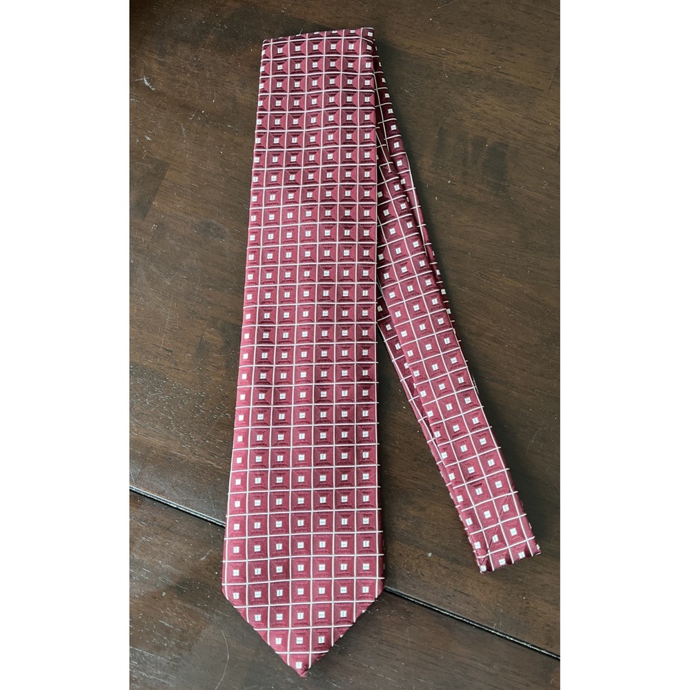 Vintage XMI 100% Silk Tie Maroon Burgundy with Silver Geometric Pattern